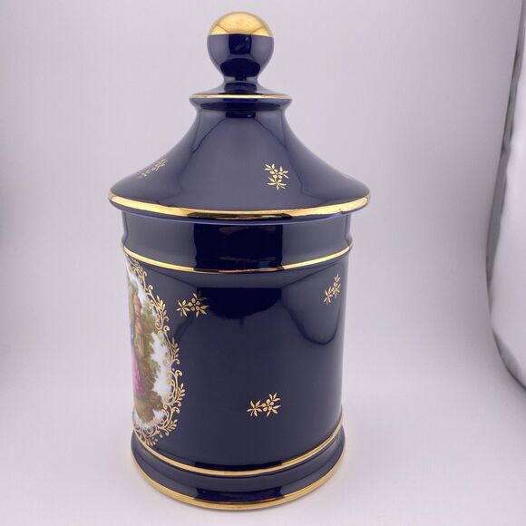 Vintage Limoges Cobalt Blue Gold Trim 9” Lidded Jar Courting Couple France - Picture 3 of 9